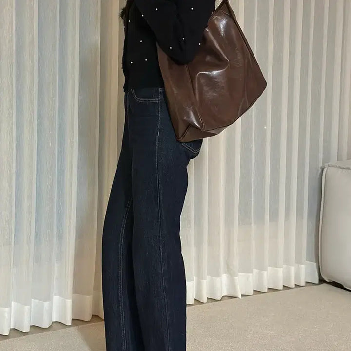 [BUNJANG] Large Leather Tote Bag - Brown / 빅사이즈 가죽 토트백 브라운
