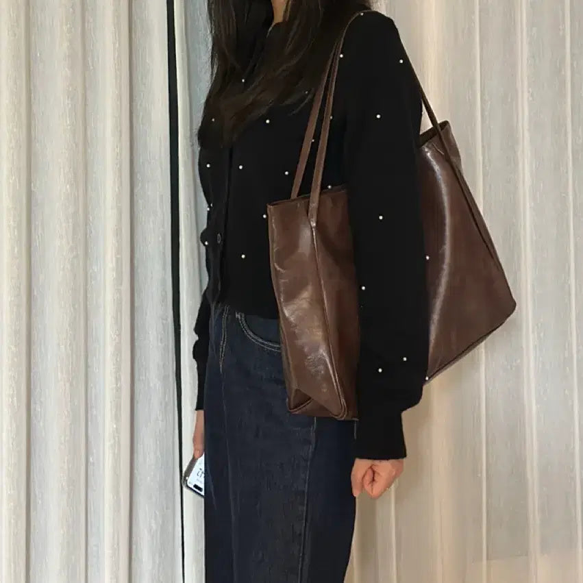 [BUNJANG] Large Leather Tote Bag - Brown / 빅사이즈 가죽 토트백 브라운