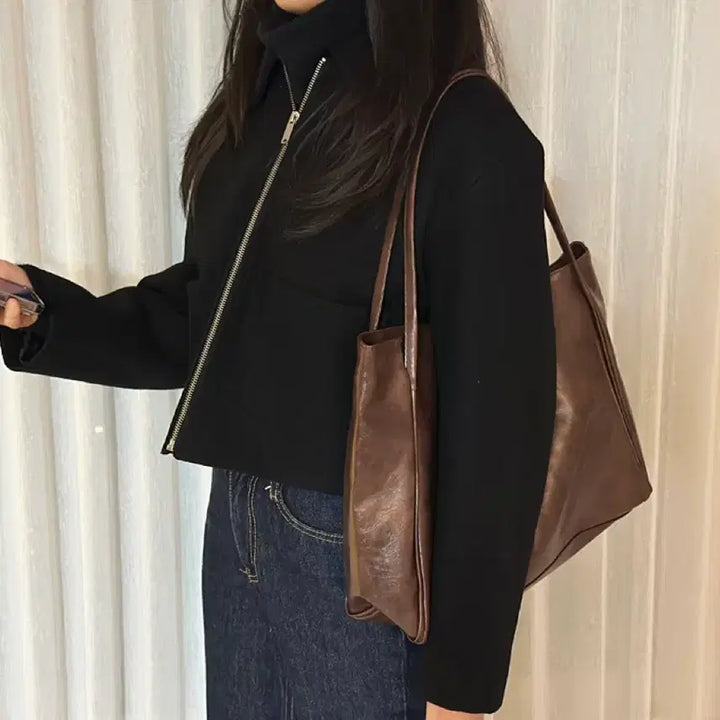 [BUNJANG] Large Leather Tote Bag - Brown / 빅사이즈 가죽 토트백 브라운