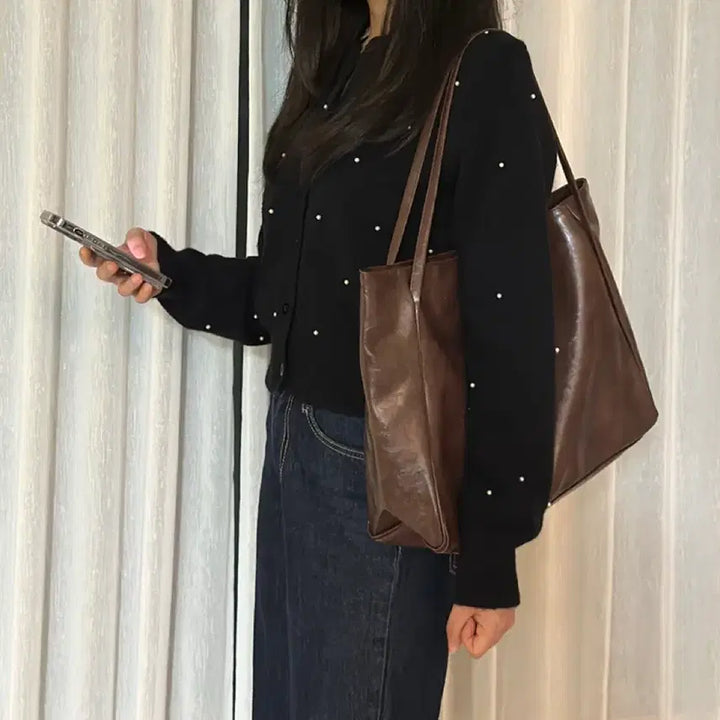 [BUNJANG] Large Leather Tote Bag - Brown / 빅사이즈 가죽 토트백 브라운
