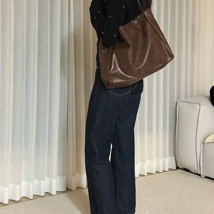 [BUNJANG] Large Leather Tote Bag - Brown / 빅사이즈 가죽 토트백 브라운