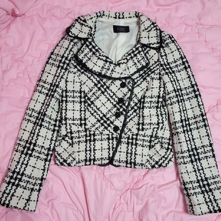 [BUNJANG] Line Checkered Lace Trim Jacket / 급처상태좋음!LINE 샤넬느낌 테두리레이스장미단추 체크공주자켓 레니본st