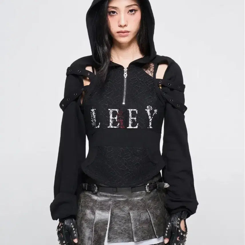 [BUNJANG] LEEY Mesh Slit Hoodie - Black / 와이이이엘 LEEY 메쉬 슬릿 후디 블랙