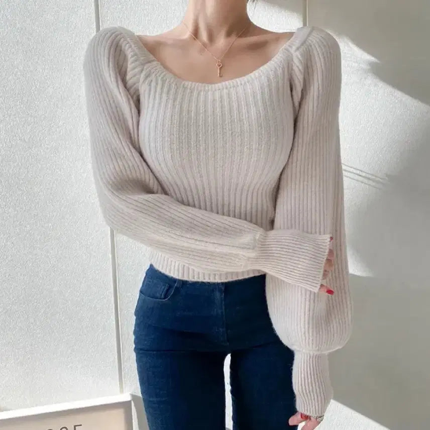 [BUNJANG] Luming Alice Off-Shoulder Square Neck Puff Knit Top / 새상품) 루밍앨리스 오프숄더 스퀘어넥 퍼프 골지 니트
