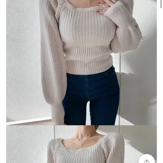 [BUNJANG] Luming Alice Off-Shoulder Square Neck Puff Knit Top / 새상품) 루밍앨리스 오프숄더 스퀘어넥 퍼프 골지 니트