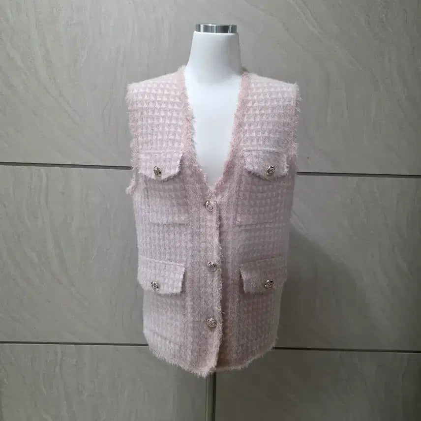 [BUNJANG] Pink Tweed Knit Cardigan Vest / 핑크 트위드 니트 가디건 조끼 / 금장단추 / 55~77