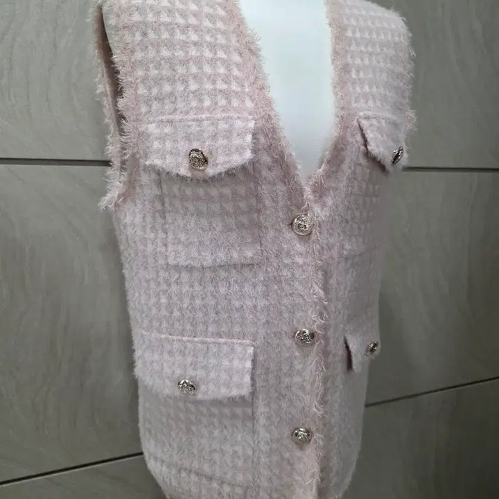 [BUNJANG] Pink Tweed Knit Cardigan Vest / 핑크 트위드 니트 가디건 조끼 / 금장단추 / 55~77