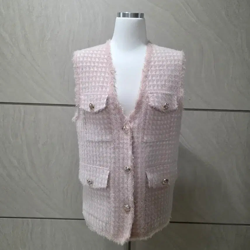 [BUNJANG] Pink Tweed Knit Cardigan Vest / 핑크 트위드 니트 가디건 조끼 / 금장단추 / 55~77