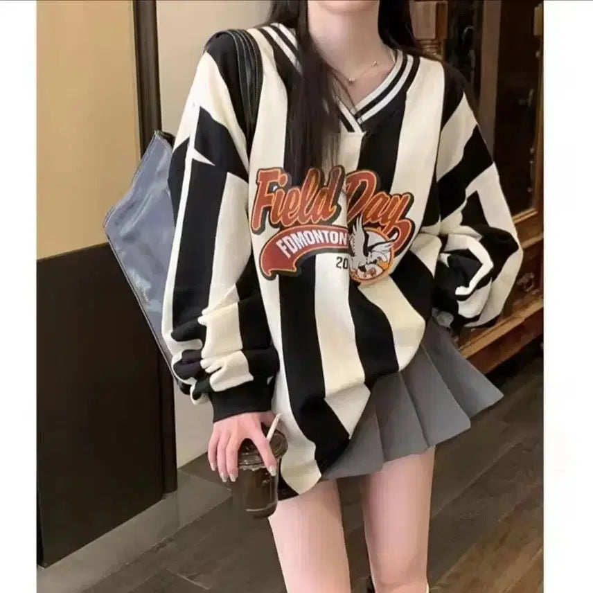 [BUNJANG] Unisex Blockcore V-Neck Striped Shirt / 블록코어 V넥 스트라이프 셔츠 (남녀공용)