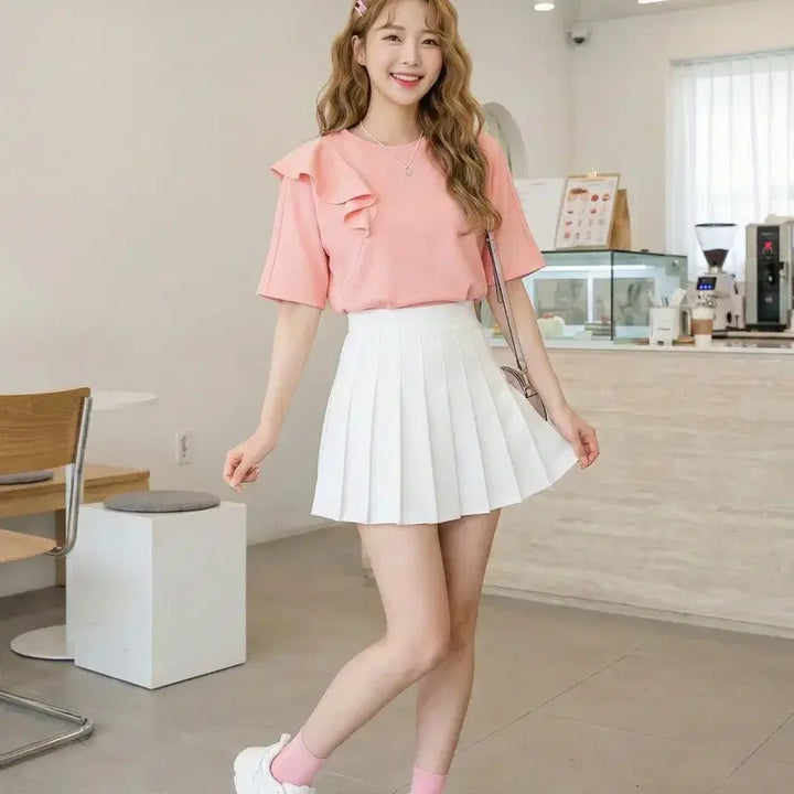 [BUNJANG] On & On Pink Ruffle Point Short Sleeve Top / on & on 온앤온 핑크 러플 포인트 반팔티