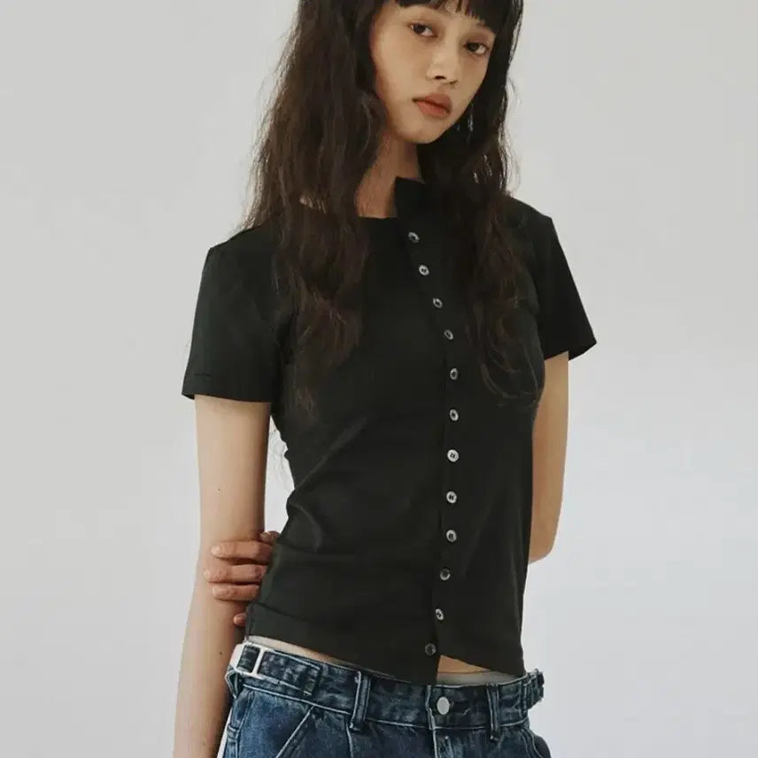 [BUNJANG] Please Project Round Button Slim Shirt, Black / 플리즈프로젝트 ROUND BUTTON SLIM SHIRT, BLACK