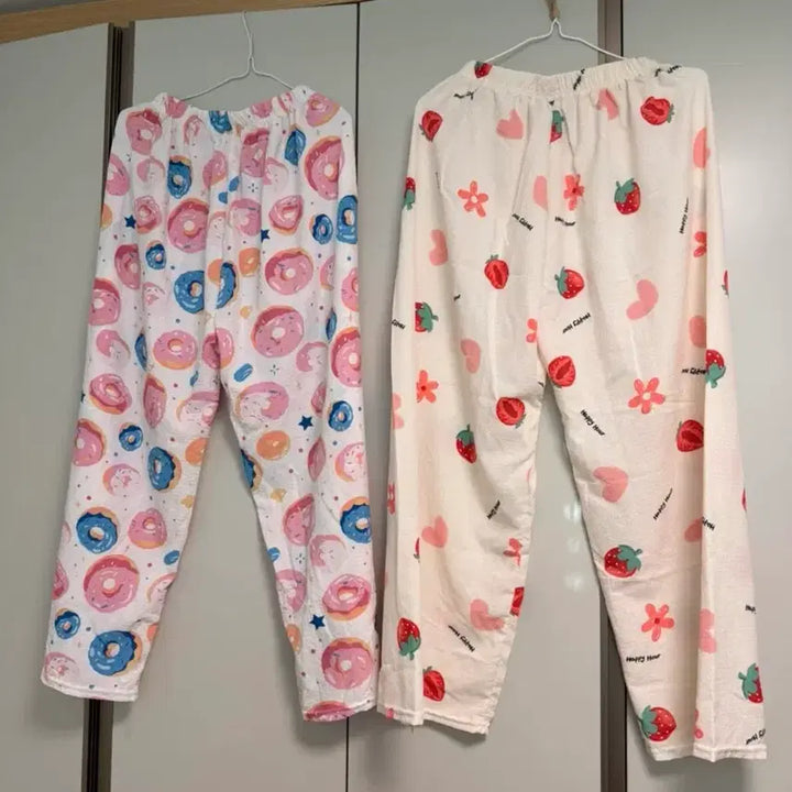 [BUNJANG] Donut Strawberry Pattern Cooling Pajama Pants Set / 도넛 딸기 패턴 냉감 잠옷 바지 세트 2벌 사이즈 F 55-77정도