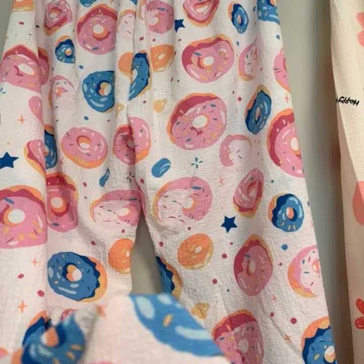 [BUNJANG] Donut Strawberry Pattern Cooling Pajama Pants Set / 도넛 딸기 패턴 냉감 잠옷 바지 세트 2벌 사이즈 F 55-77정도