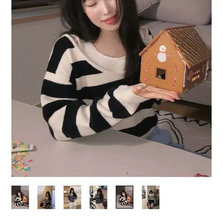 [BUNJANG] Young Fan Cake Striped Layered Off-Shoulder Knit Top / [새상품] 영팬케이크 스트라이프 레이어드 오프숄더 니트