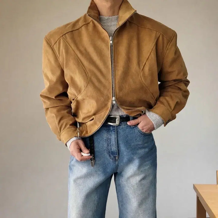 [BUNJANG] Male High Neck Suede Crop Jacket / 남자 어깡 하이넥 스웨이드 크롭 자켓 3컬러