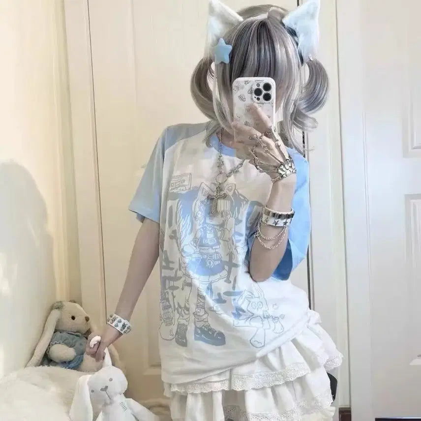 [BUNJANG] Anime Print Raglan Short Sleeve T-Shirt / 지뢰계 애니 프린트 라그란 반팔 티셔츠