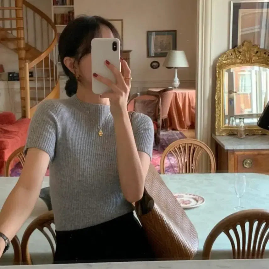 [BUNJANG] Signature Scarlet Ribbed Short Sleeve Knit - Gray / 시그니처 스칼렛 골지 반팔 니트 - 그레이