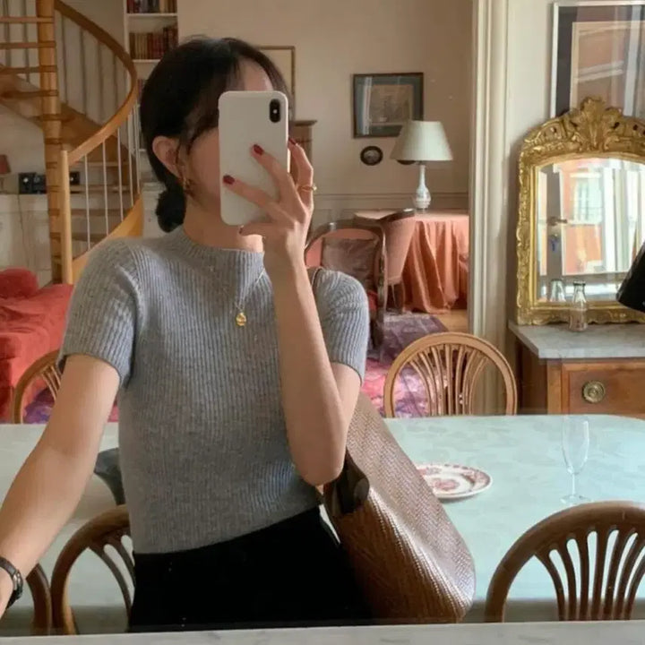 [BUNJANG] Signature Scarlet Ribbed Short Sleeve Knit - Gray / 시그니처 스칼렛 골지 반팔 니트 - 그레이