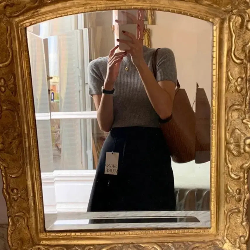 [BUNJANG] Signature Scarlet Ribbed Short Sleeve Knit - Gray / 시그니처 스칼렛 골지 반팔 니트 - 그레이