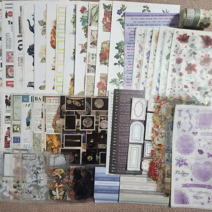 [BUNJANG] Vintage Scrapbooking Bundle Set (1,500 Sheets) & Leather Storage Pouch / 빈티지다꾸 1,500장(새상품4개포함) & 가죽보관함 (미개봉 새제품)