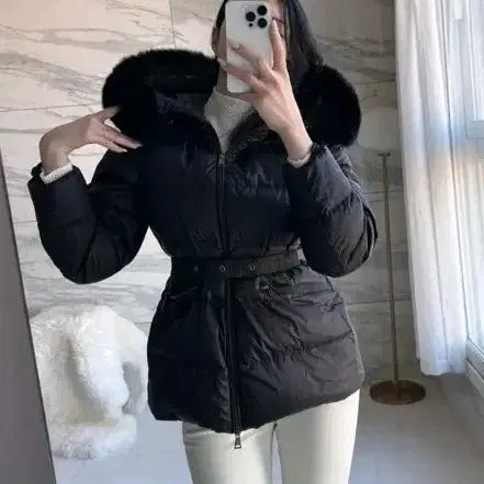 [BUNJANG] Fox Fur Belted Duck Down Short Padding / 블랙,브라운) 폭스퍼 오리털 벨트 숏패딩