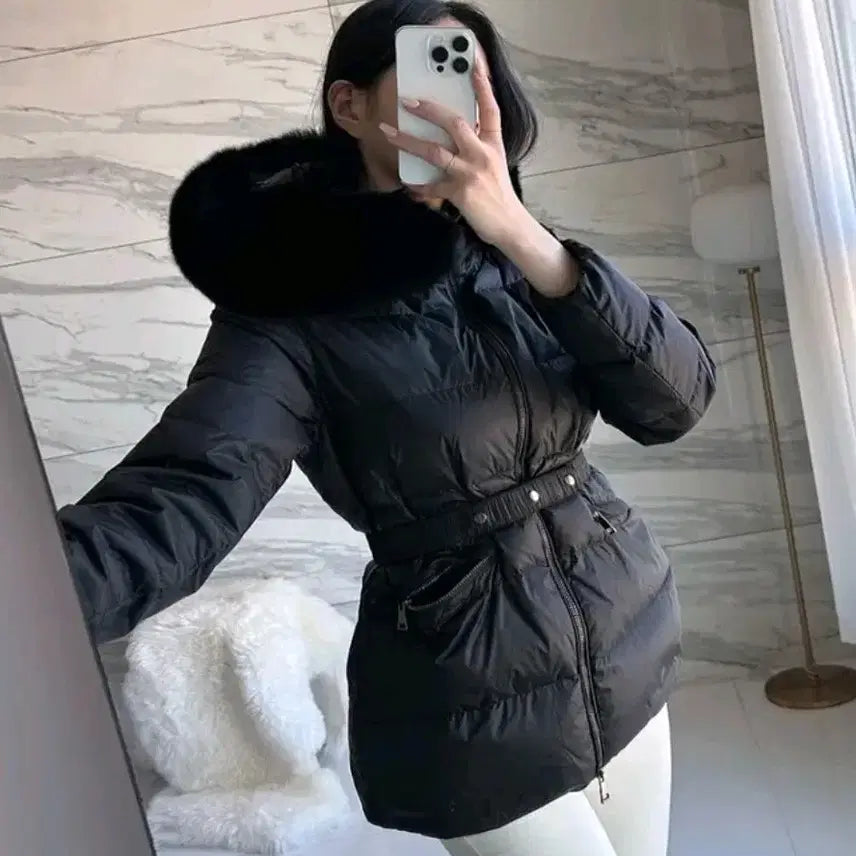 [BUNJANG] Fox Fur Belted Duck Down Short Padding / 블랙,브라운) 폭스퍼 오리털 벨트 숏패딩