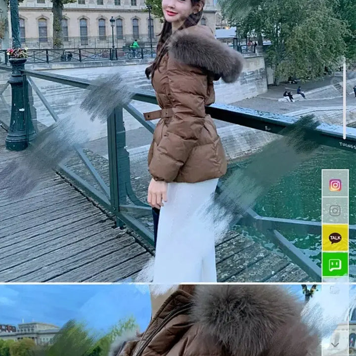 [BUNJANG] Fox Fur Belted Duck Down Short Padding / 블랙,브라운) 폭스퍼 오리털 벨트 숏패딩