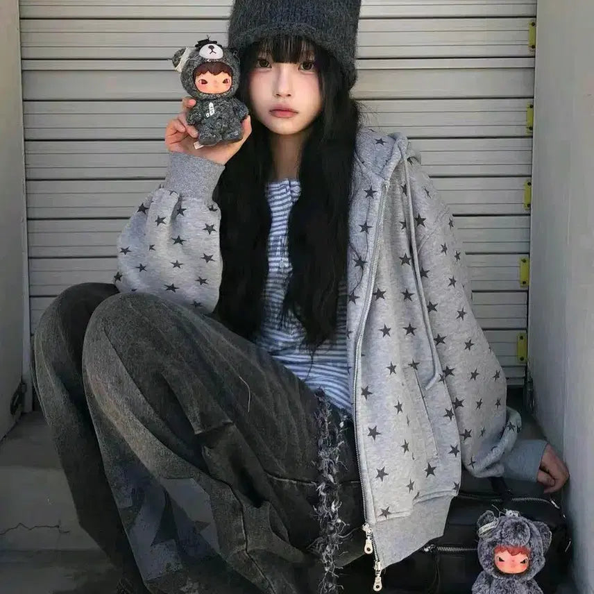 [BUNJANG] Y2K Star Pattern Gray Track Jacket / (운포/새거) 기모 회색 집업 별 트랙집업 y2k 갸루