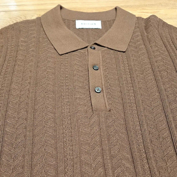 [BUNJANG] Edition Cable Collar Knit Top Camel 110 / 에디션 케이블 카라넥 반팔 니트 카멜 110