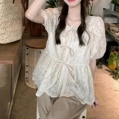 [BUNJANG] BL359 Lace Shirred Puff Blouse / BL359 레이스 셔링 퍼프 블라우스(새상품)
