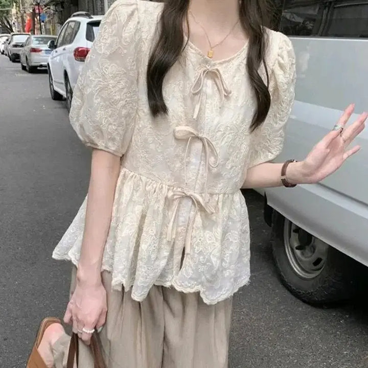 [BUNJANG] BL359 Lace Shirred Puff Blouse / BL359 레이스 셔링 퍼프 블라우스(새상품)