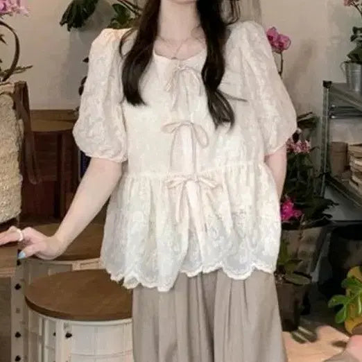 [BUNJANG] BL359 Lace Shirred Puff Blouse / BL359 레이스 셔링 퍼프 블라우스(새상품)