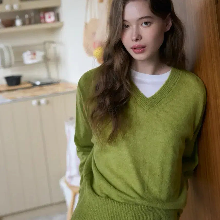 [BUNJANG] Drawfit Women Mohair V-Neck Sheer Knit Top / (새상품)(M) 드로우핏 우먼 모헤어 브이넥 시어 니트 GREEN