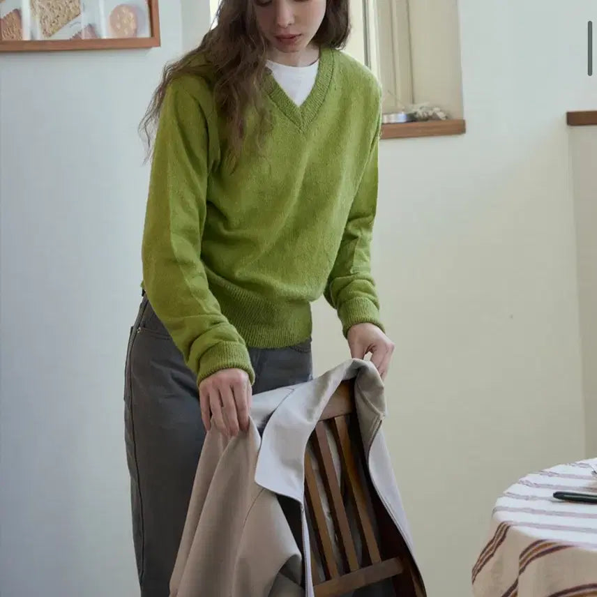 [BUNJANG] Drawfit Women Mohair V-Neck Sheer Knit Top / (새상품)(M) 드로우핏 우먼 모헤어 브이넥 시어 니트 GREEN