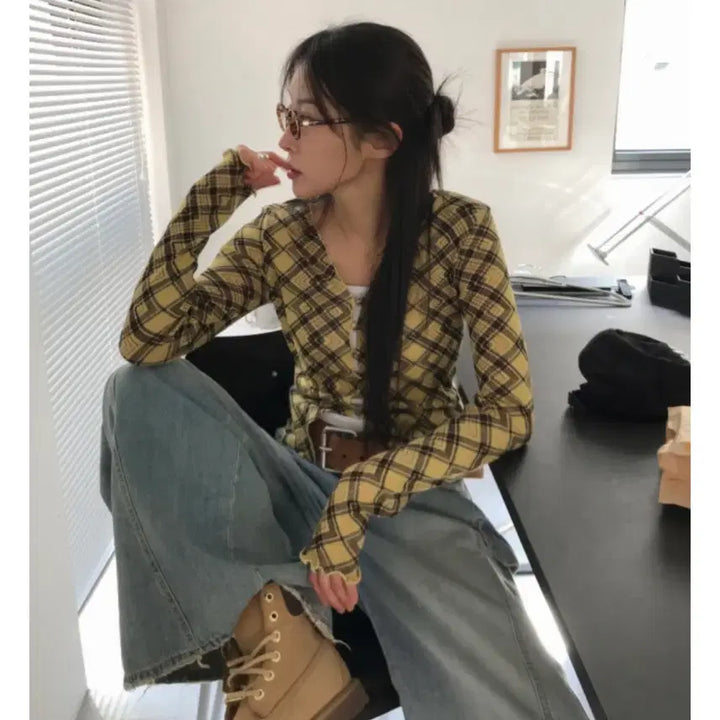 [BUNJANG] Unbranded Top Charcoal / 체크 버튼 탑 챠콜