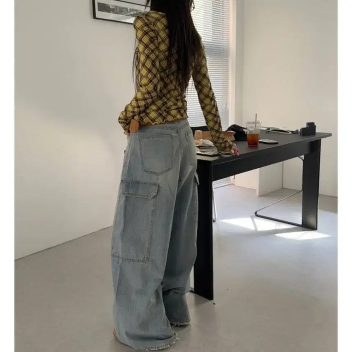 [BUNJANG] Unbranded Top Charcoal / 체크 버튼 탑 챠콜