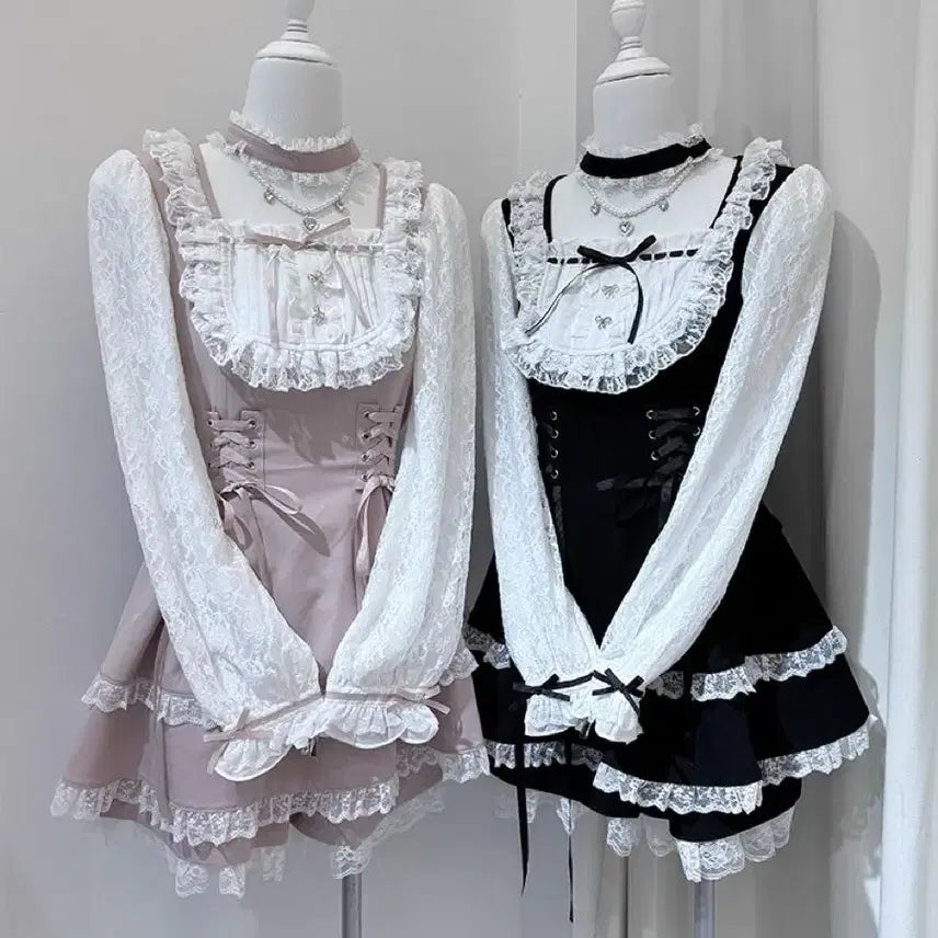 [BUNJANG] Retro Lace Dress and Shorts Set (2 Colors) / 지뢰계 레이스 레트로 원피스 반바지 세트(2컬러)예약판매