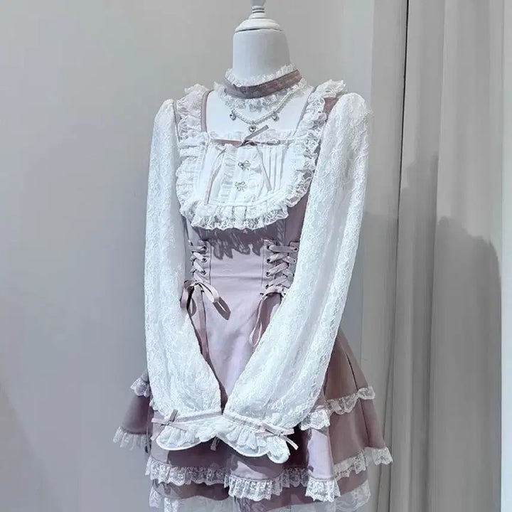 [BUNJANG] Retro Lace Dress and Shorts Set (2 Colors) / 지뢰계 레이스 레트로 원피스 반바지 세트(2컬러)예약판매