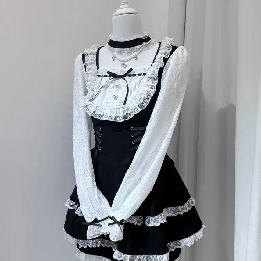 [BUNJANG] Retro Lace Dress and Shorts Set (2 Colors) / 지뢰계 레이스 레트로 원피스 반바지 세트(2컬러)예약판매