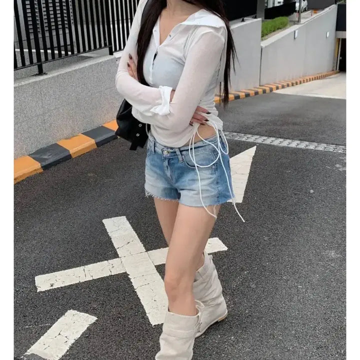 [BUNJANG] Shirring String Long Sleeve Hoodie / (새옷) 셔링 스트링 긴팔 후드 티셔츠