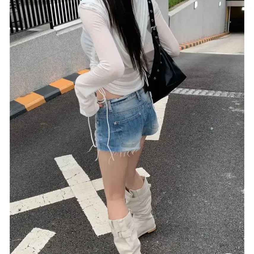 [BUNJANG] Shirring String Long Sleeve Hoodie / (새옷) 셔링 스트링 긴팔 후드 티셔츠