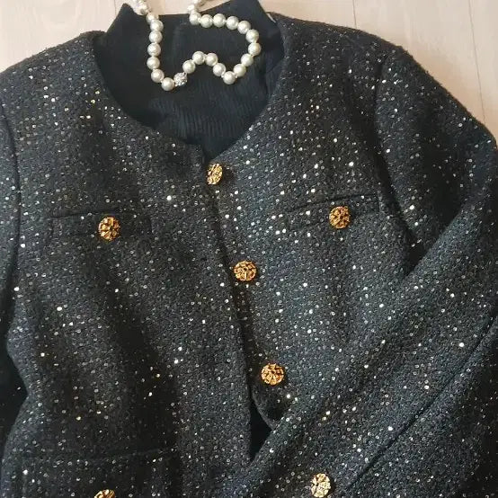 [BUNJANG] Black Tweed Pearl Jacket / 블랙 트위드 금장 단추 펄자켓