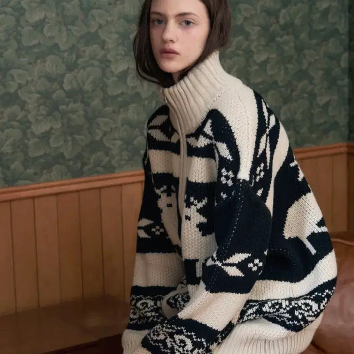 [BUNJANG] Leatherly Nordic Knit Zip-up Jacket / (FREE) 레더리 노르딕 니트 집업 CREAM/BLACK 판먀