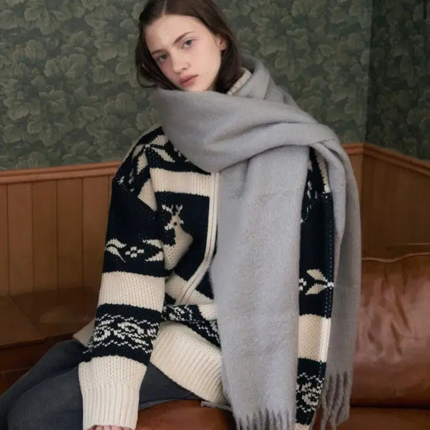 [BUNJANG] Leatherly Nordic Knit Zip-up Jacket / (FREE) 레더리 노르딕 니트 집업 CREAM/BLACK 판먀