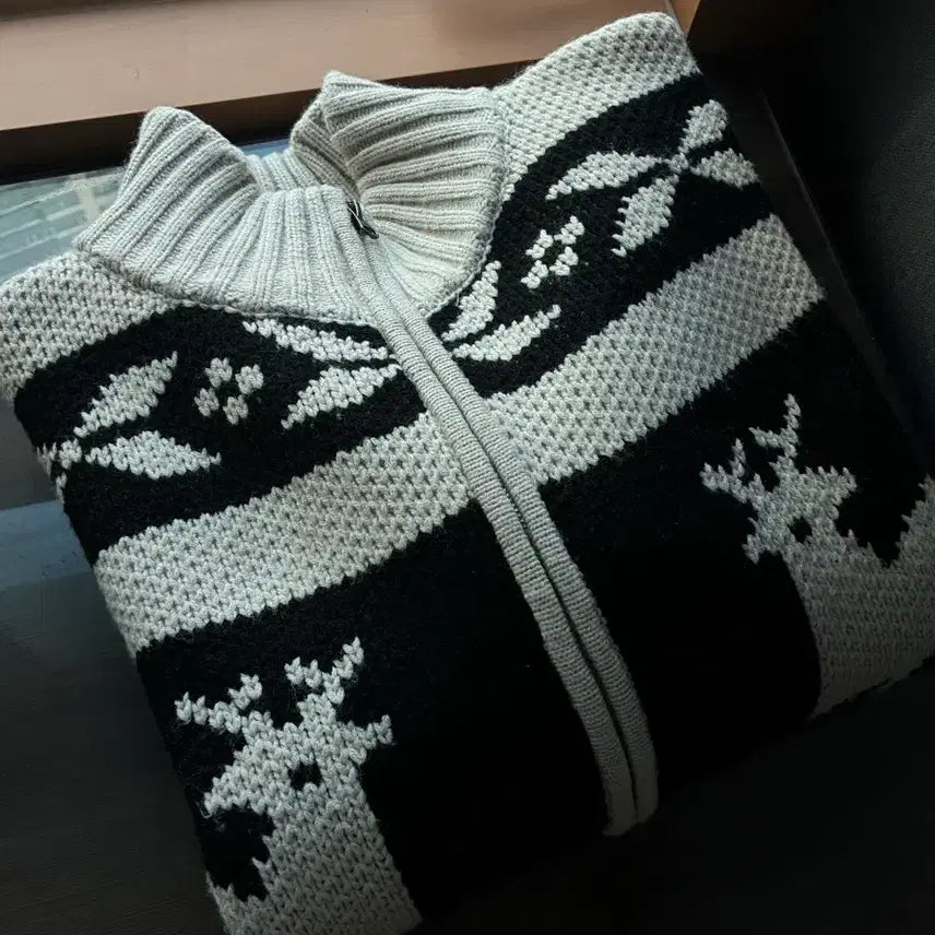 [BUNJANG] Leatherly Nordic Knit Zip-up Jacket / (FREE) 레더리 노르딕 니트 집업 CREAM/BLACK 판먀