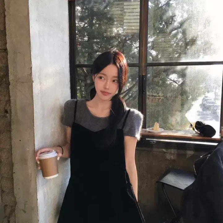 [BUNJANG] Angora Knit Top &amp; Velvet Square Neck Frill Ribbon Bustier Set / 앙고라 반팔 니트+벨벳 스퀘어넥 프릴 리본 나시 뷔스티에
