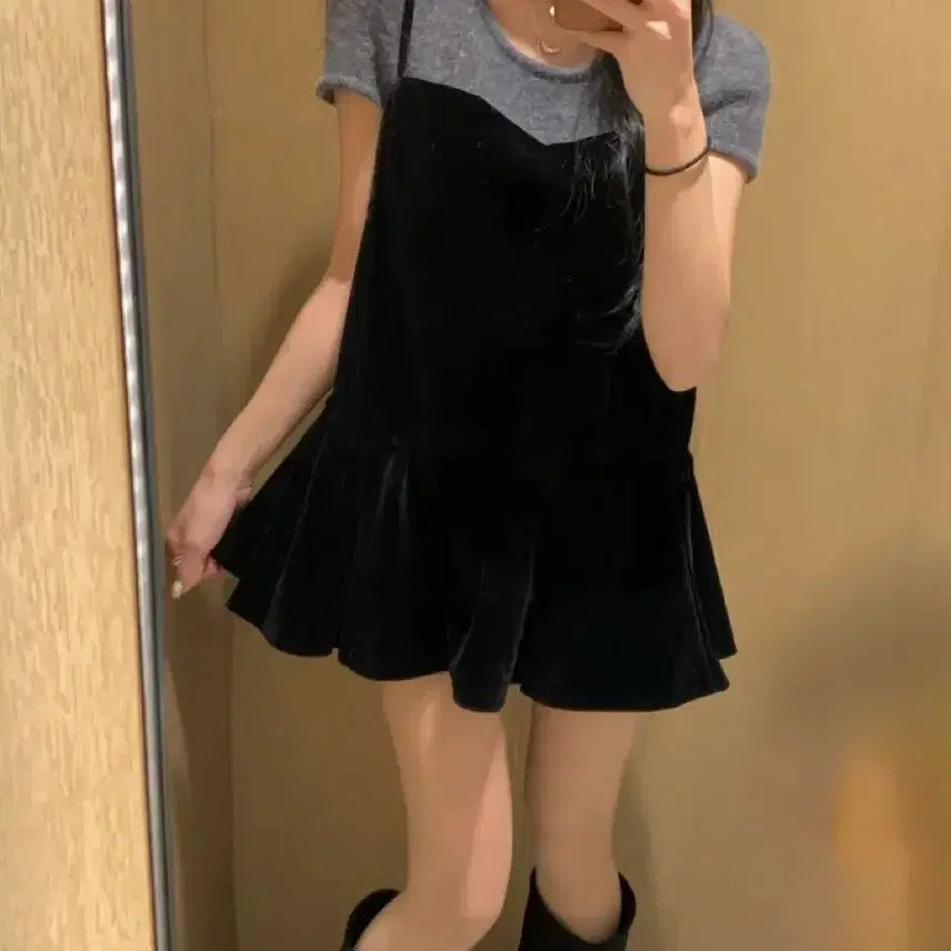 [BUNJANG] Angora Knit Top &amp; Velvet Square Neck Frill Ribbon Bustier Set / 앙고라 반팔 니트+벨벳 스퀘어넥 프릴 리본 나시 뷔스티에