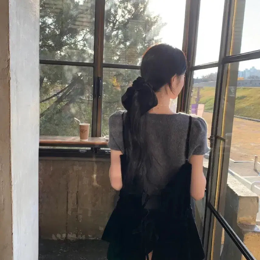 [BUNJANG] Angora Knit Top &amp; Velvet Square Neck Frill Ribbon Bustier Set / 앙고라 반팔 니트+벨벳 스퀘어넥 프릴 리본 나시 뷔스티에