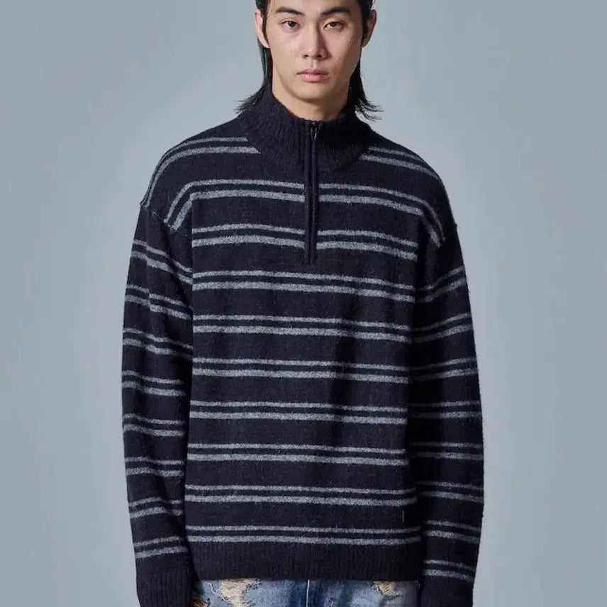 [BUNJANG] Junji Stripe Knit Half-Zip S / 준지 스트라이프 니트 반집업 S