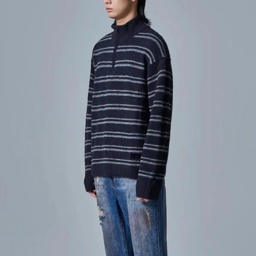 [BUNJANG] Junji Stripe Knit Half-Zip S / 준지 스트라이프 니트 반집업 S